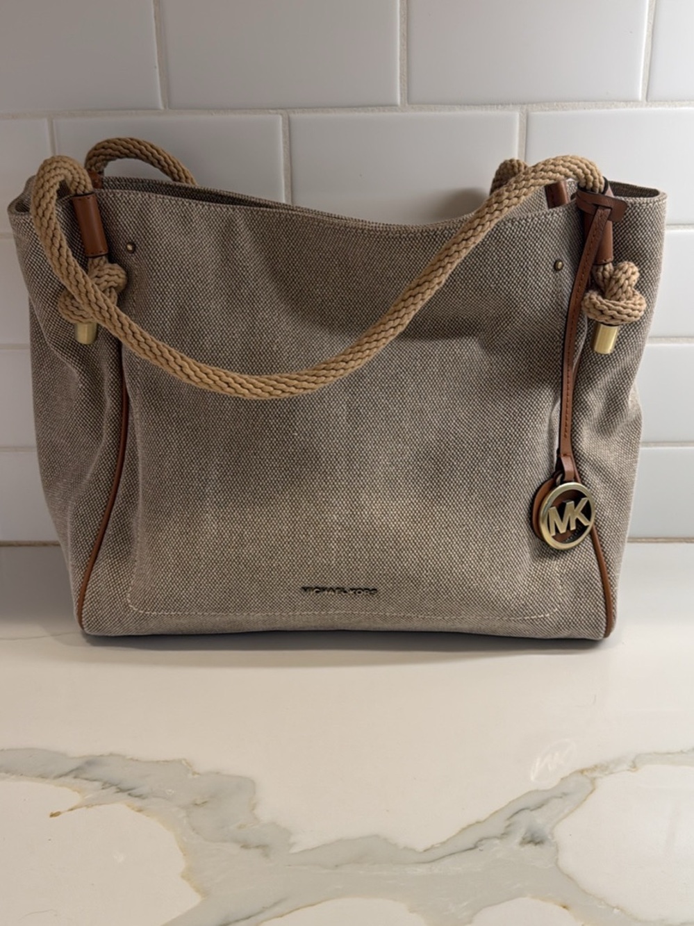 Michael Kors Taupe Canvas Shoulder Tote with Rope Handles